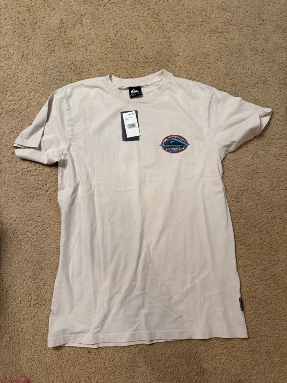 Quiksilver Men’s Cream Short-Sleeve Tee with Teal & Red Logo